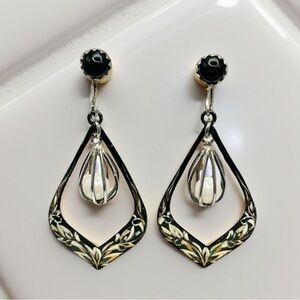 Vintage Signed Sterling Silver Niello Screw Back Black Pearl Onyx Drop Earrings